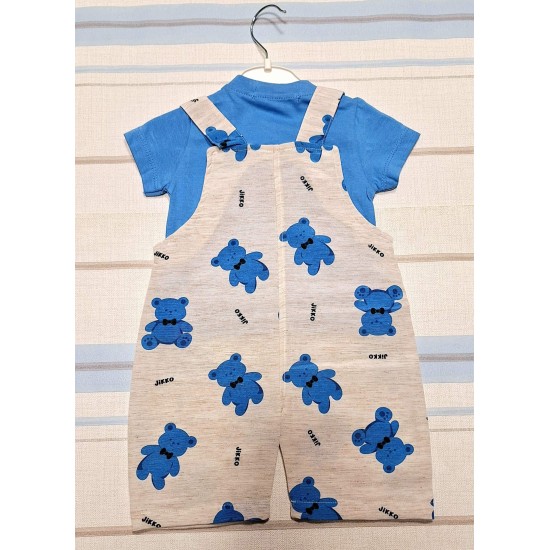 Бебешки летен гащеризон в бежово на сини мечета със синя тениска