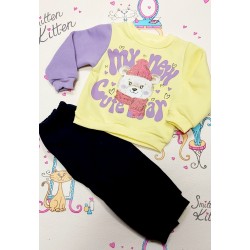 Ватиран детски комплект с мече в жълто и лилаво