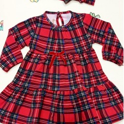 Коледна карирана детска рокля с лента за коса Коледна карирана детска рокля с лента за коса