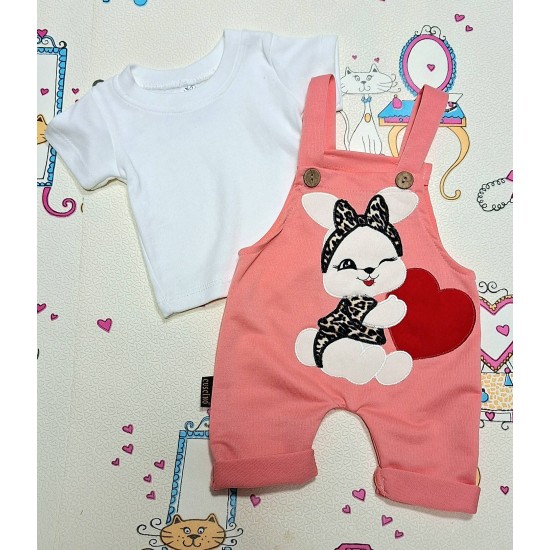 Бебешки летен гащеризон в цвят корал с бяла блуза  Зайче