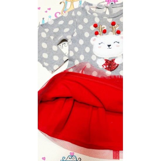 Коледна детска рокля в сиво и червено с тюл