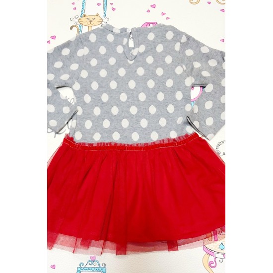 Коледна детска рокля в сиво и червено с тюл
