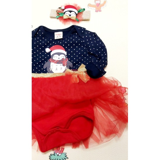 Бебешка Коледна боди рокля в тъмносиньо  Пингвинче