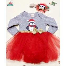 Бебешка Коледна боди рокля в сиво и златно  Пингвинче