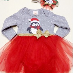 Бебешка Коледна боди рокля в сиво и златно Пингвинче Бебешка Коледна боди рокля в сиво и златно Пингвинче