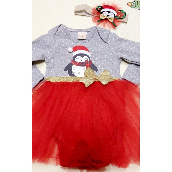 Бебешка Коледна боди рокля в сиво и златно Пингвинче Бебешка Коледна боди рокля в сиво и златно Пингвинче