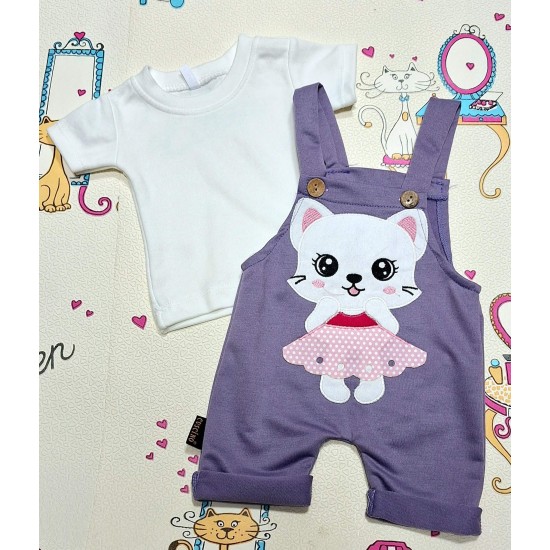 Бебешки летен гащеризон в лилаво с бяла блуза  Коте балерина