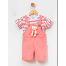Детски летен гащеризон с тениска в розово с играчка мече