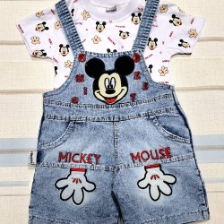 Детски дънков гащеризон с блуза с червен надпис  Мики Маус