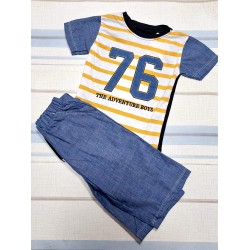 Детски летен комплект с блуза в жълто и бяло райе с къси дънкови панталони Детски летен комплект с блуза в жълто и бяло райе с къси дънкови панталони