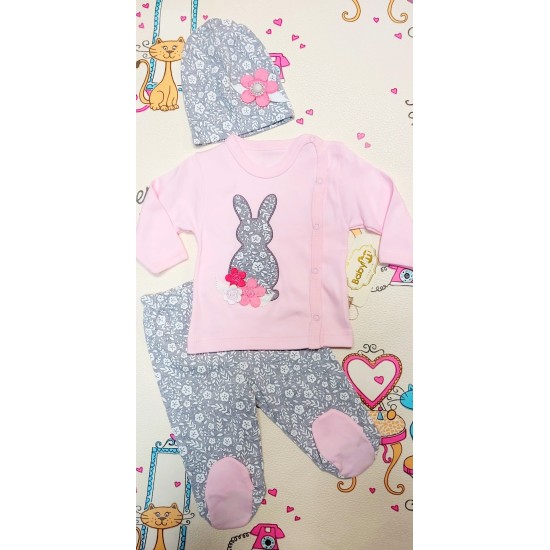 Комплект за новородено в розово и сиво ,,Зайче