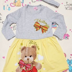Детска рокля в сиво и жълто с мече 2г-5г с лента за коса