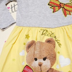 Детска рокля в сиво и жълто с мече 2г-5г с лента за коса