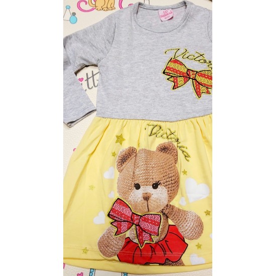 Детска рокля в сиво и жълто с мече 2г-5г с лента за коса