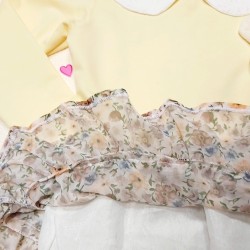 Бебешка жълта рокля с играчка мече и цветенца 