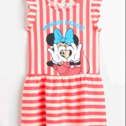 Детска лятна рокля в бяло и корал райе с Мини Маус