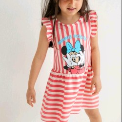 Детска лятна рокля в бяло и корал райе с Мини Маус