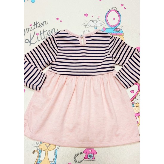 Детска рокля в светло розово райе с коте Детска рокля в светло розово райе с коте