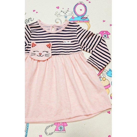Детска рокля в светло розово райе с коте Детска рокля в светло розово райе с коте
