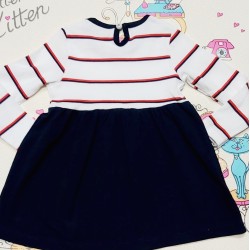 Сладка бебешка рокля в тъмносиньо и бяло с червена панделка Сладка бебешка рокля в тъмносиньо и бяло с червена панделка