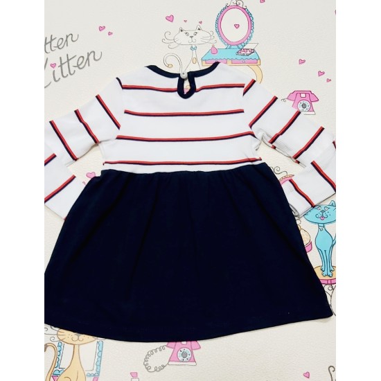 Сладка бебешка рокля в тъмносиньо и бяло с червена панделка Сладка бебешка рокля в тъмносиньо и бяло с червена панделка