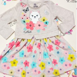 Бежова детска рокля с коте и цветя Бежова детска рокля с коте и цветя