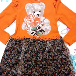 Детска рокля в оранжево с мече и тюл