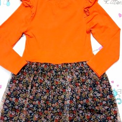 Детска рокля в оранжево с мече и тюл