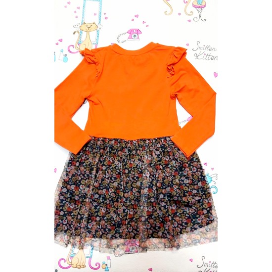 Детска рокля в оранжево с мече и тюл