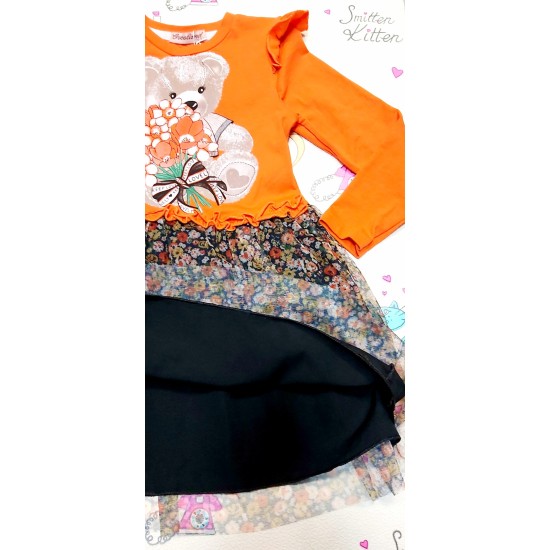 Детска рокля в оранжево с мече и тюл