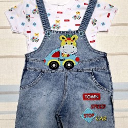 Детски летен дънков гащеризон ,,Жираф с кола