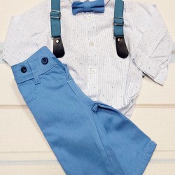 Детски комплект в синьо и бяло с папионка и тиранти 6м-24м Детски комплект в синьо и бяло с папионка и тиранти 6м-24м