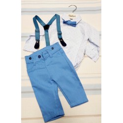 Детски комплект в синьо и бяло с папионка и тиранти 6м-24м