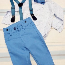 Детски комплект в синьо и бяло с папионка и тиранти 6м-24м