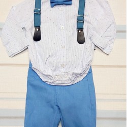 Детски комплект в синьо и бяло с папионка и тиранти 6м-24м