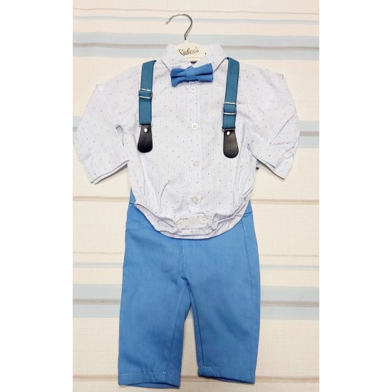 Детски комплект в синьо и бяло с папионка и тиранти 6м-24м