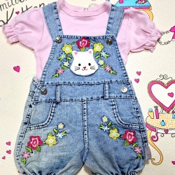 Бебешки летен дънков гащеризон с розова блузка Котенце Бебешки летен дънков гащеризон с розова блузка Котенце