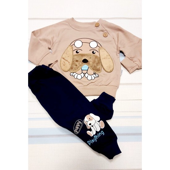 Бебешки комплект в бежово с Кученце с 3Д уши