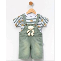 Детски летен гащеризон с тениска в зелено с играчка мече