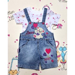 Детски летен дънков гащеризон с тениска ,,Мече с розово сърце