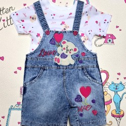 Детски летен дънков гащеризон с тениска ,,Мече с розово сърце Детски летен дънков гащеризон с тениска ,,Мече с розово сърце