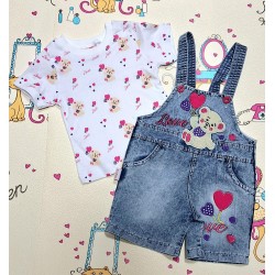 Детски летен дънков гащеризон с тениска ,,Мече с розово сърце Детски летен дънков гащеризон с тениска ,,Мече с розово сърце