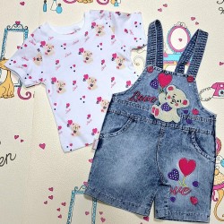 Детски летен дънков гащеризон с тениска ,,Мече с розово сърце