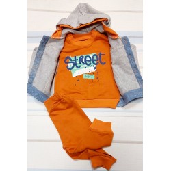 Детски комплект с яке с качулка в деним и оранжево 3части Детски комплект с яке с качулка в деним и оранжево 3части