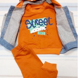 Детски комплект с яке с качулка в деним и оранжево 3части Детски комплект с яке с качулка в деним и оранжево 3части