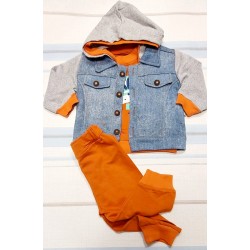 Детски комплект с яке с качулка в деним и оранжево 3части