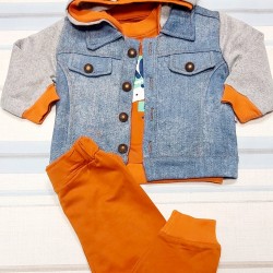 Детски комплект с яке с качулка в деним и оранжево 3части Детски комплект с яке с качулка в деним и оранжево 3части