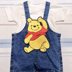 Детски летен дънков гащеризон с бяла тениска с Мечо Пух
