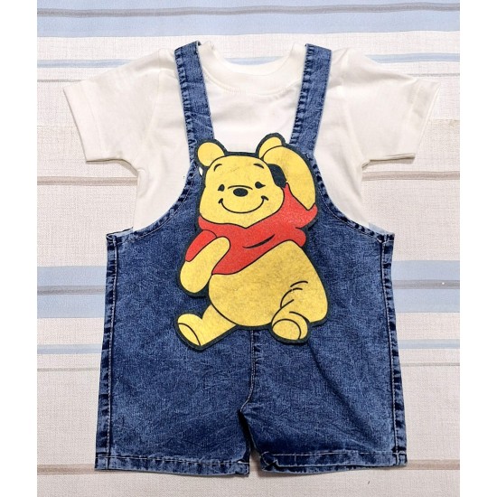 Детски летен дънков гащеризон с бяла тениска с Мечо Пух