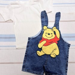 Детски летен дънков гащеризон с бяла тениска с Мечо Пух